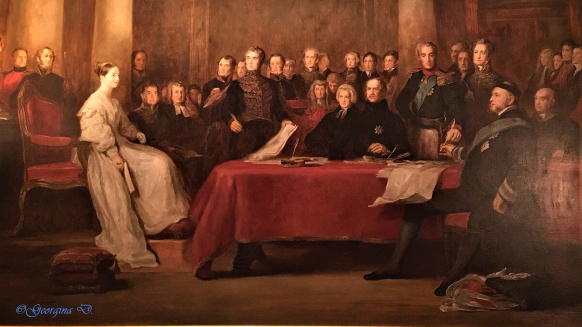 Kensington Palace: Red Saloon Room - First Council Meeting of Queen Victoria by Sir David Wilkie in 1838