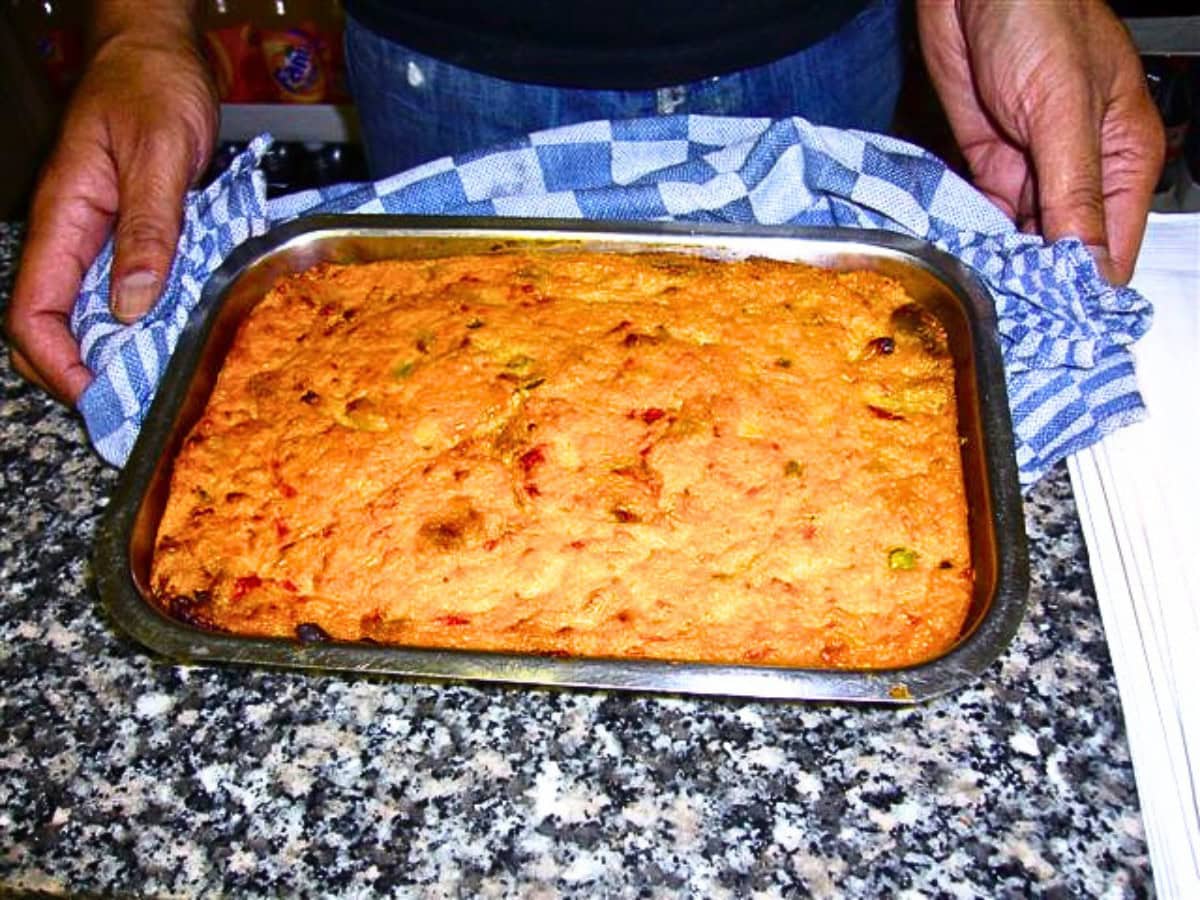 Traditional Surinamese pom, a baked chicken and pomtajer casserole.