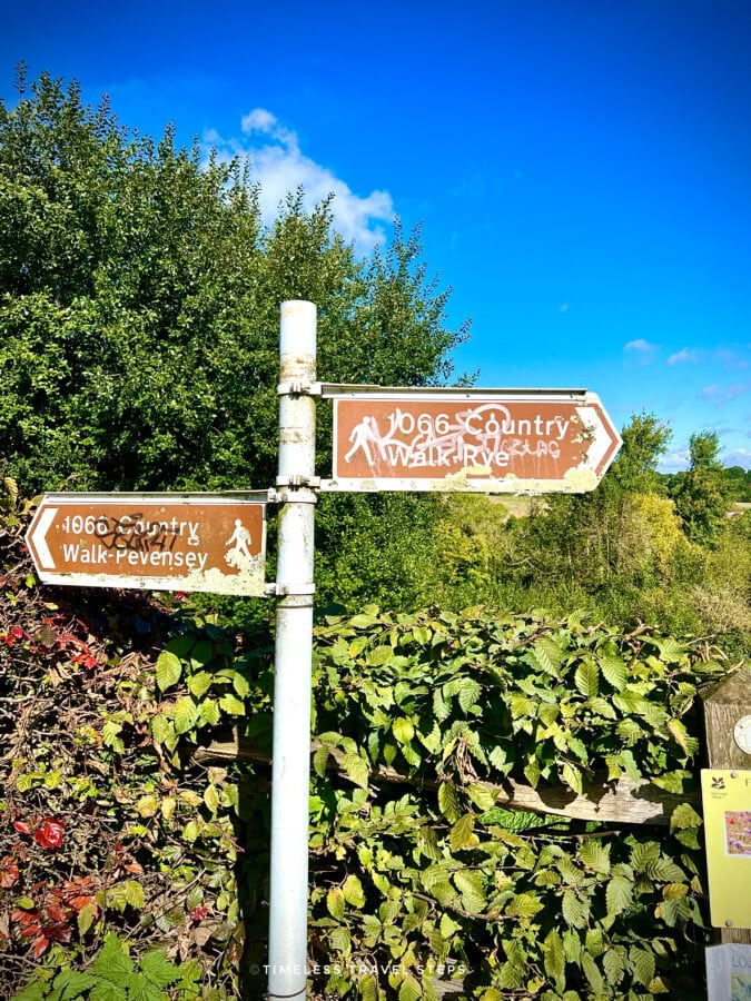 Signage for the 1066 Country Walk and local countryside walks in Battle, East Sussex