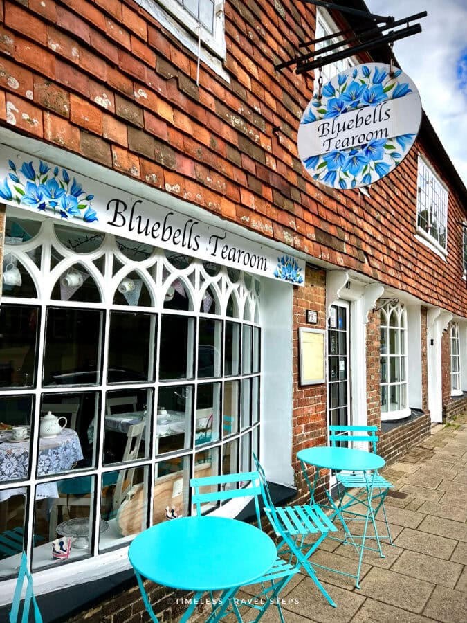 Front view of Bluebells Café with outdoor seating on Battle High Street, East Sussex