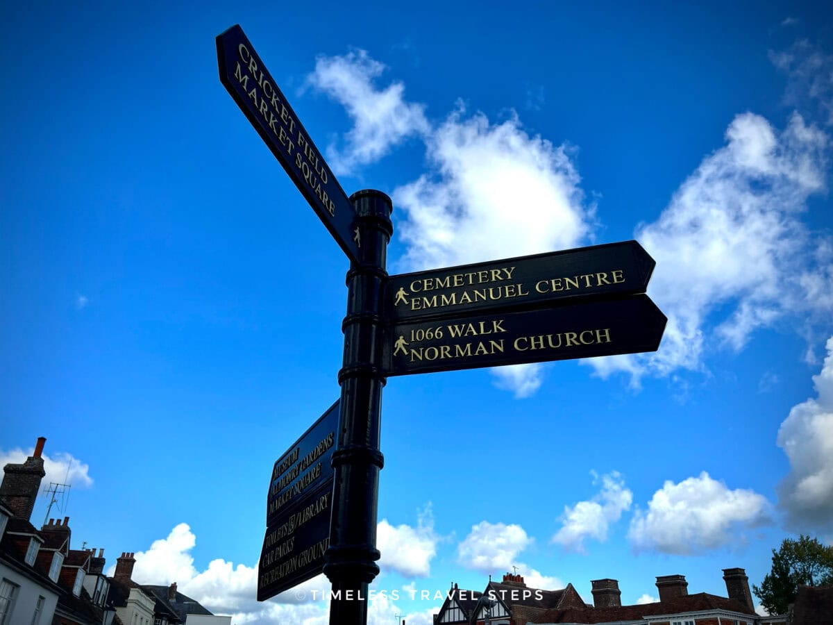 Signage for the 1066 Country Walk and local countryside walks in Battle, East Sussex