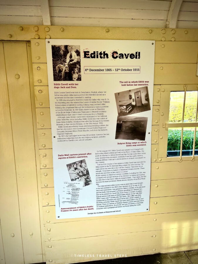 Inside the Cavell Van exhibition showing a newspaper-style display about Nurse Edith Cavell at Bodiam Railway Station