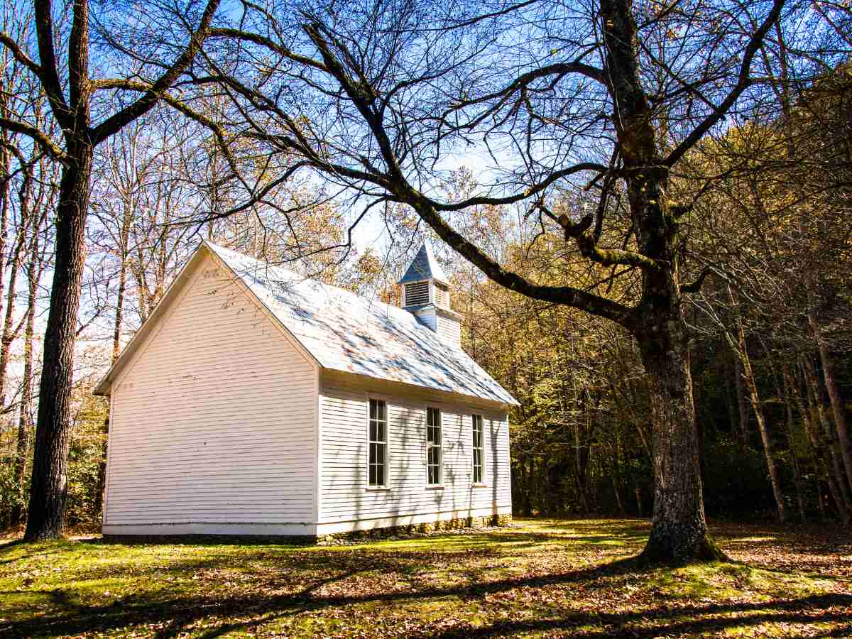 Palmer Chapel in Tennessee on a sunny autumn day, showcasing the exterior of a well-preserved white 19th-century building with classic wooden siding, surrounded by vibrant fall foliage, golden leaves scattered on the ground, and clear blue skies overhead.
Situated in in the serene Cataloochee Valley, TN
