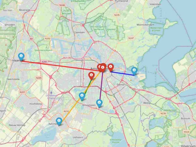 Map of five cycle routes around Amsterdam, each highlighted in a distinct colour, showing start and end points with labelled markers to guide cyclists through popular paths.