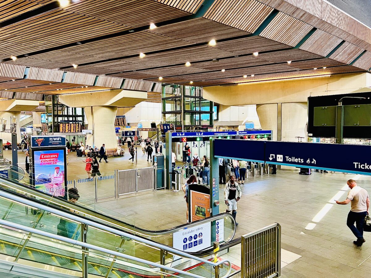 view of the lower concourse from the escalator down