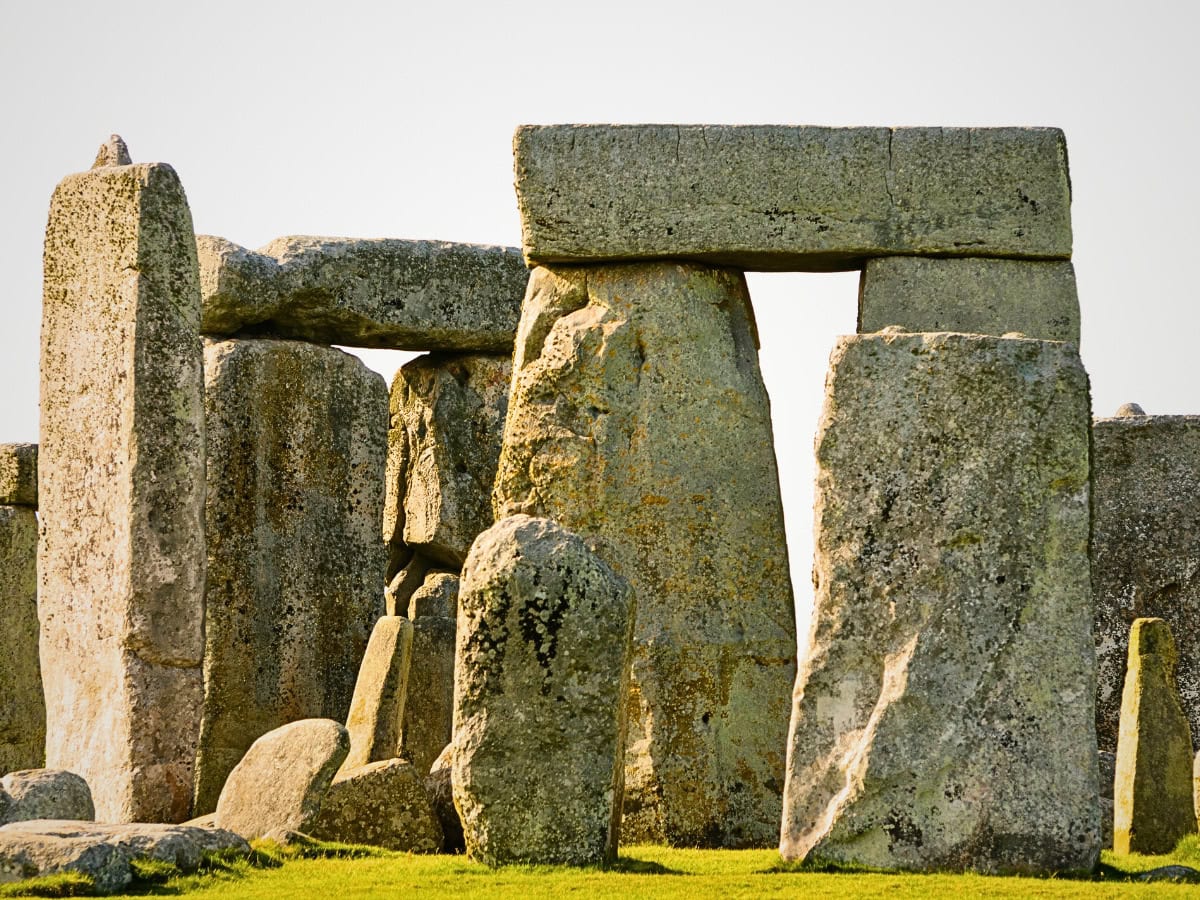 Close-up of Stonehenge stones on Salisbury Plain, highlighting their size, arrangement, and ancient craftsmanship.