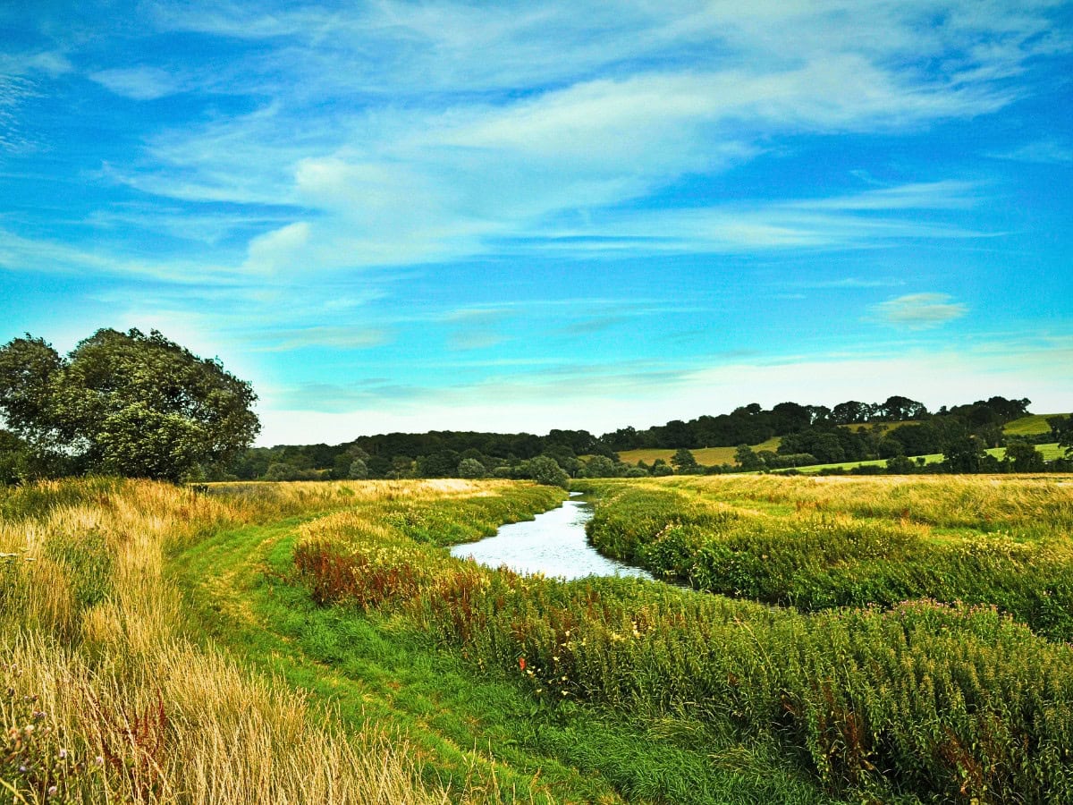 River Rother flowing through the countryside along walking paths in the Rother Valley.