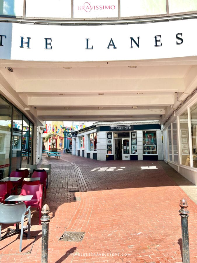 Entrance to The Lanes during a day trip to Brighton from London, leading into the city’s historic shopping streets and alleyways.