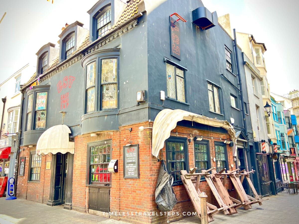 The East Street Tap pub in Brighton seen from the exterior before opening hours on a quiet morning.