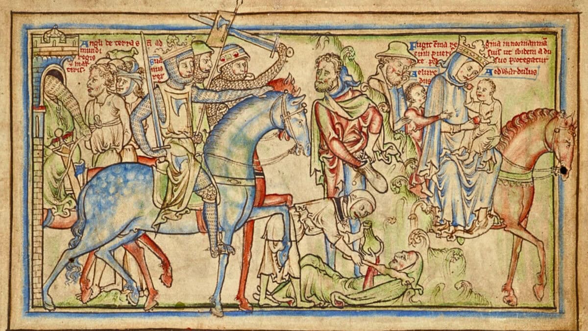 Medieval illustration of Queen Emma of Normandy fleeing England with her young sons Edward and Alfred as Sweyn Forkbeard conquers England.
