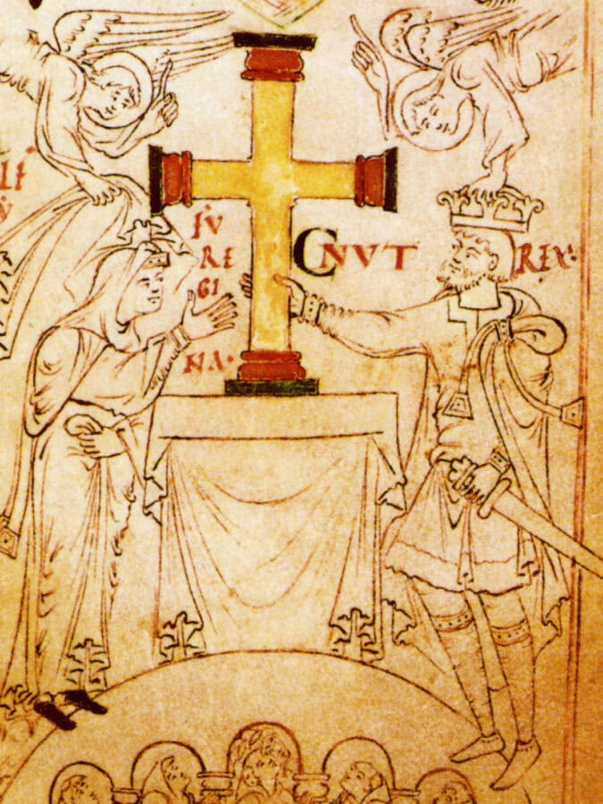King Cnut and Queen Emma presenting a cross to the New Minster at Winchester