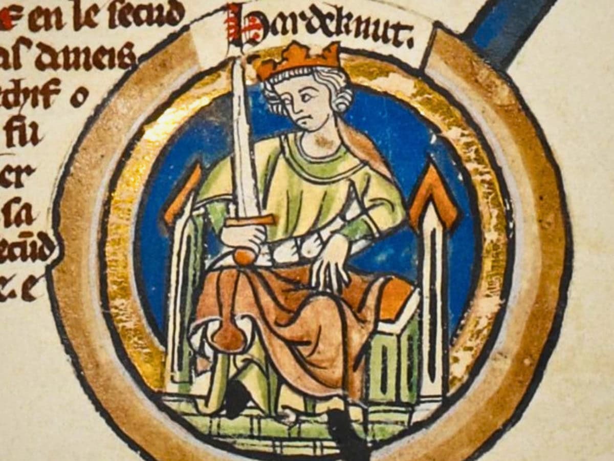 Harthacnut depicted as a crowned medieval king in a 14th-century genealogy of the English kings.