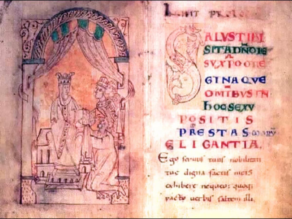 Queen Emma of Normandy receiving the Encomium Emmae Reginae in an 11th-century manuscript
