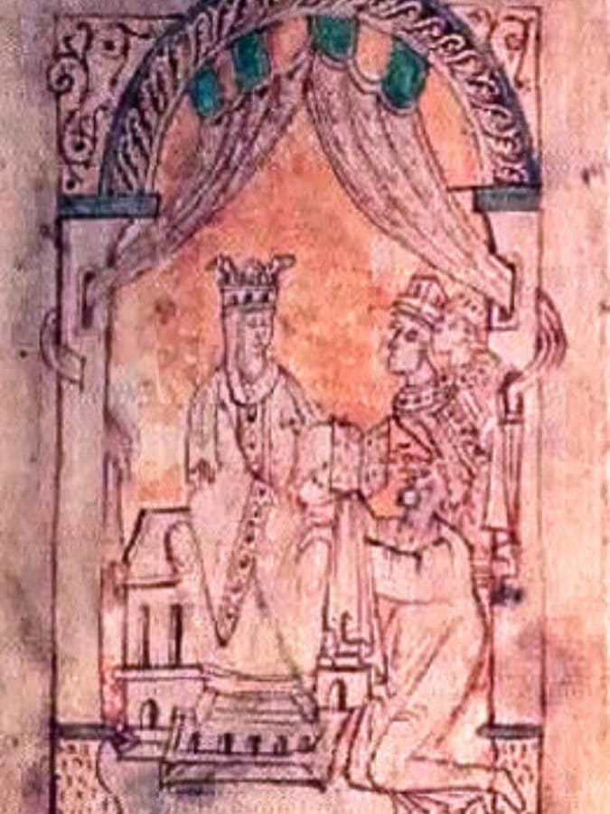 Queen Emma of Normandy receiving the Encomium Emmae Reginae in an 11th-century manuscript