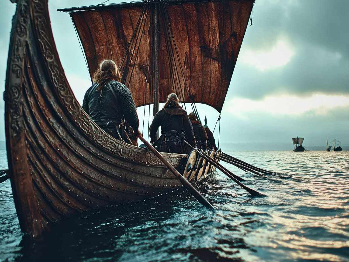 Viking longship with warriors rowing across the sea beneath a dramatic cloudy sky