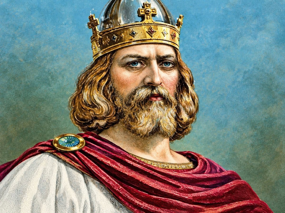 Coloured historical sketch depicting King Alfred the Great, Anglo-Saxon King of Wessex.