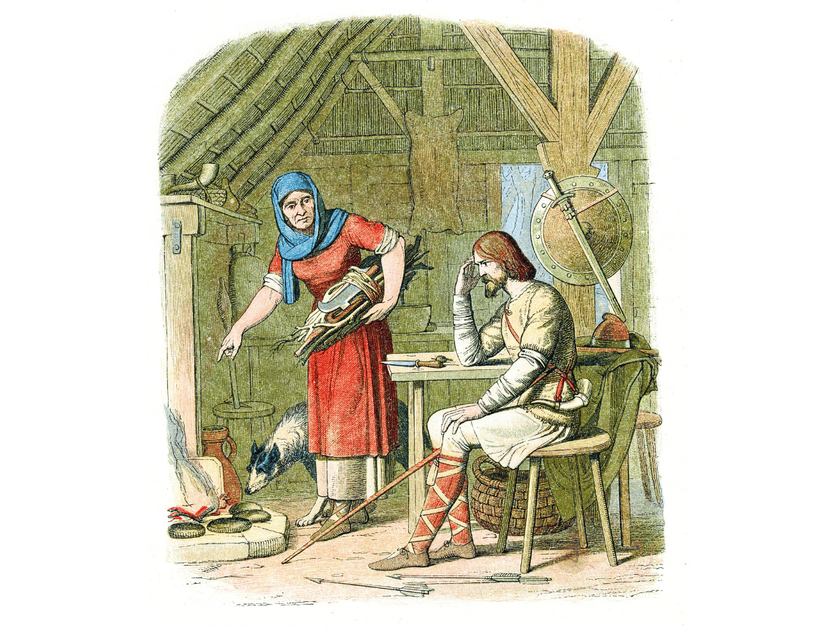 Coloured sketch of Alfred the Great with a housewife, depicting the legend of King Alfred burning the cakes while hiding in the Somerset marshes