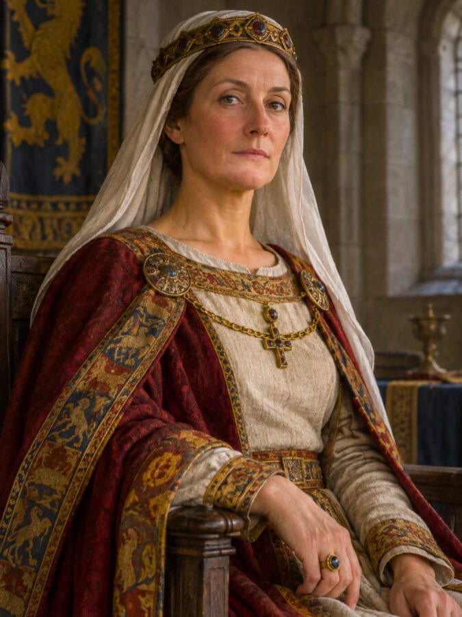 Historically informed reconstruction of Emma of Normandy, the 11th-century Queen of England, wearing early medieval royal dress and a veil.