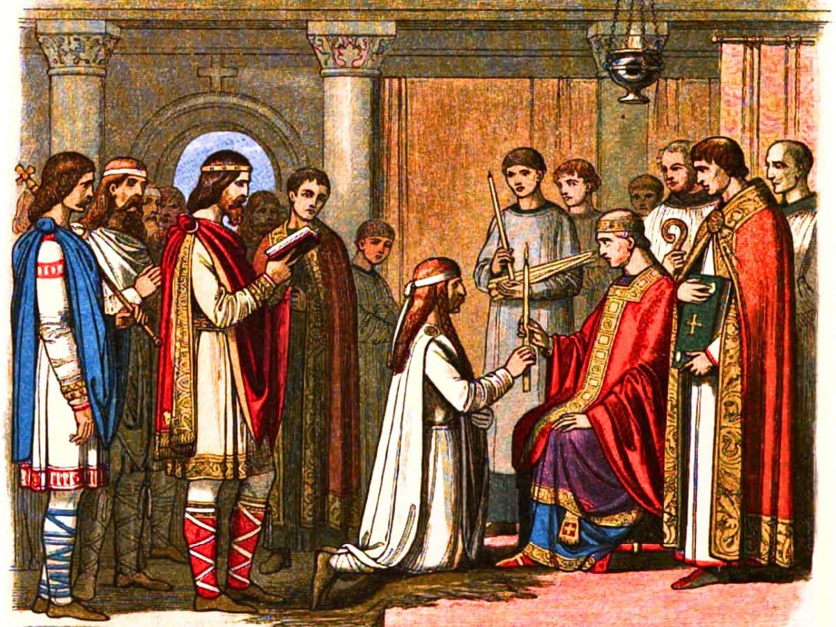 Victorian illustration depicting the baptism of the Viking leader Guthrum following his defeat by Alfred the Great in AD 878.
