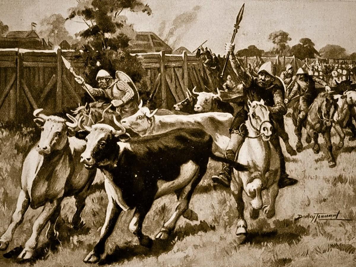 Historical illustration depicting the aftermath of the Battle of Edington in AD 878, where Alfred the Great defeated Guthrum's Viking army.