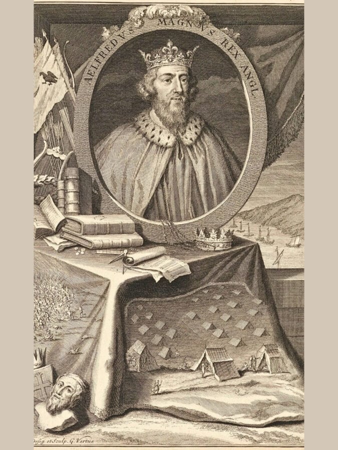 Engraving of Alfred the Great surrounded by books and symbols of kingship, by George Vertue.