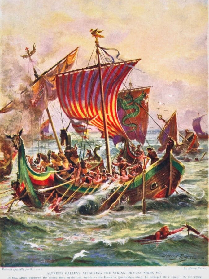 Historical illustration of Alfred the Great’s galleys attacking Viking ships during a naval battle in AD 897.