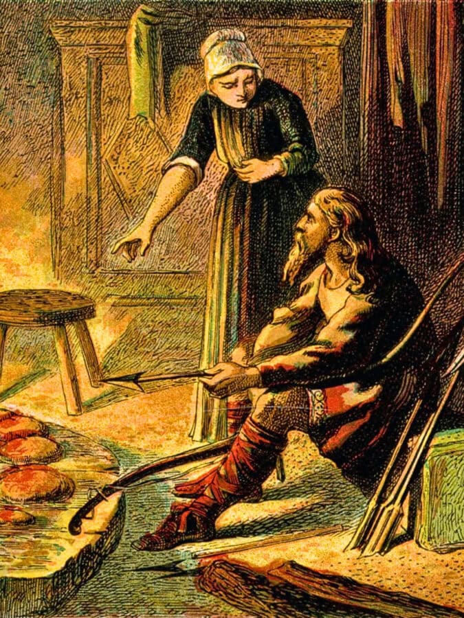 Historical illustration of the legend of Alfred the Great being scolded after failing to watch cakes baking by the fire.