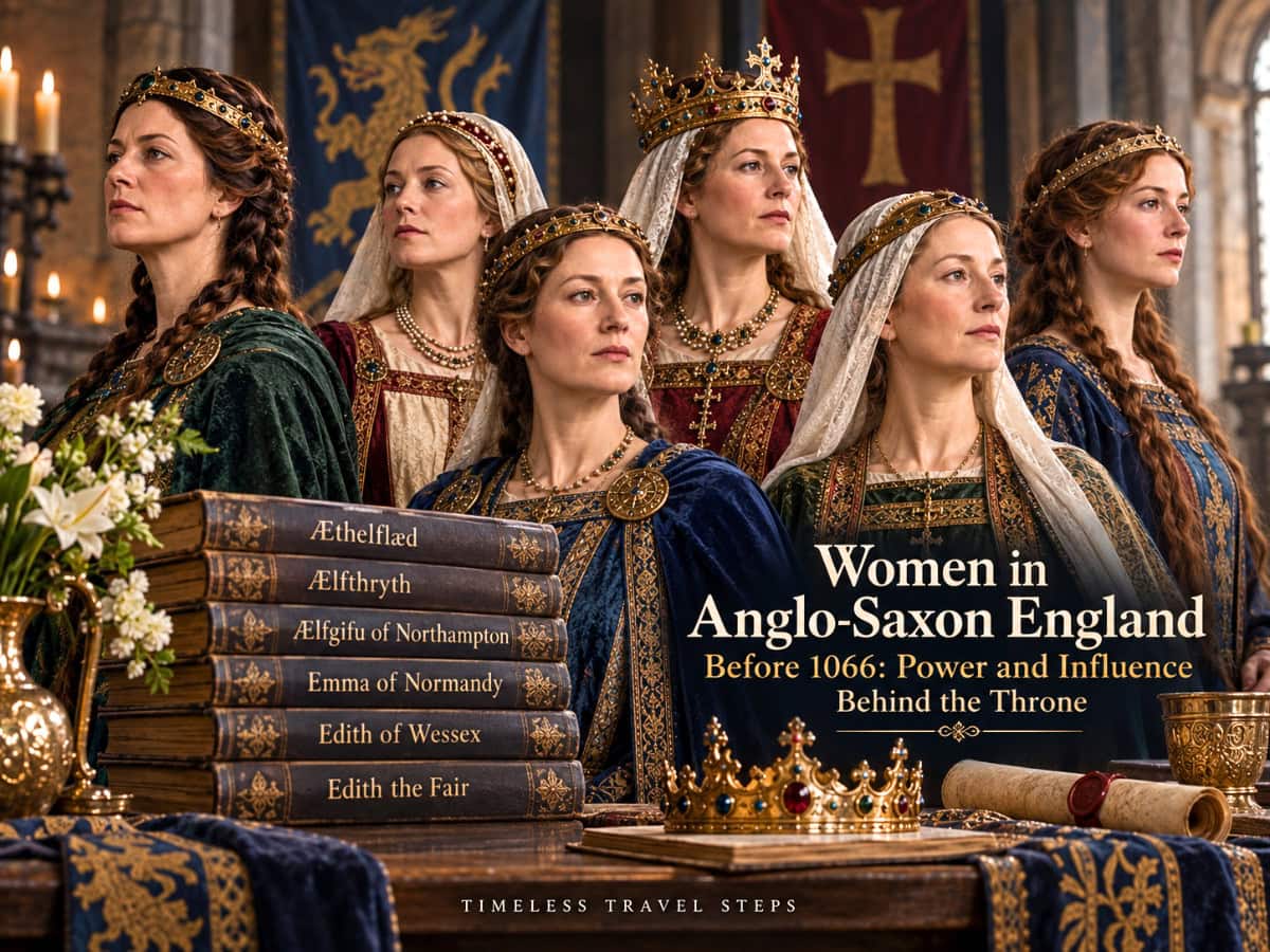 Editorial illustration of Æthelflæd, Ælfthryth, Ælfgifu of Northampton, Emma of Normandy, Edith of Wessex and Edith the Fair, women connected to the Anglo-Saxon throne before 1066.