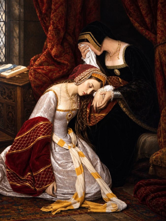 Artistic depiction of Anne Boleyn grieving with a female attendant during her imprisonment in the Tower of London.