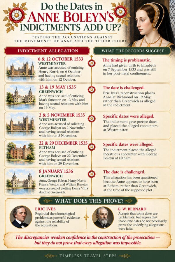 Infographic examining dates and locations in Anne Boleyn’s 1536 indictments, comparing the allegations with historical evidence and disputed chronology.